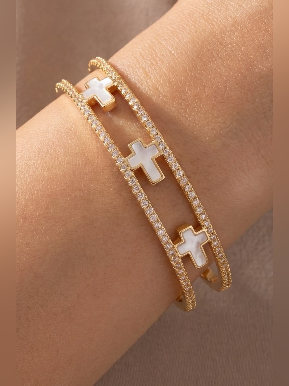 Pave Double Row Cross Cuff Bracelet